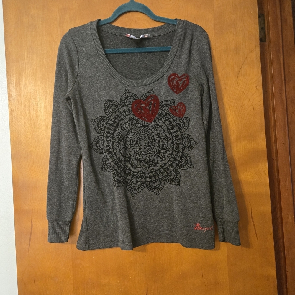 Desigual Gray Heart Print Long Sleeve Sweater Size M